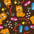 Seamless pattern containing a red kittenon a dark background.